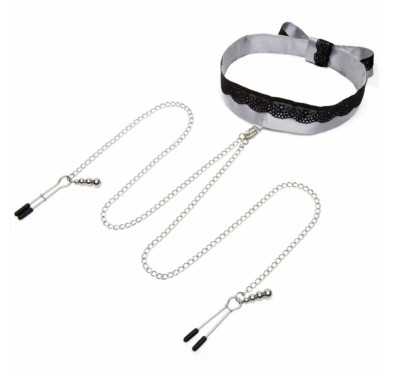 Obroża z zaciskami na sutki - Fifty Shades of Grey Play Nice Satin Collar & Nipple Clamps